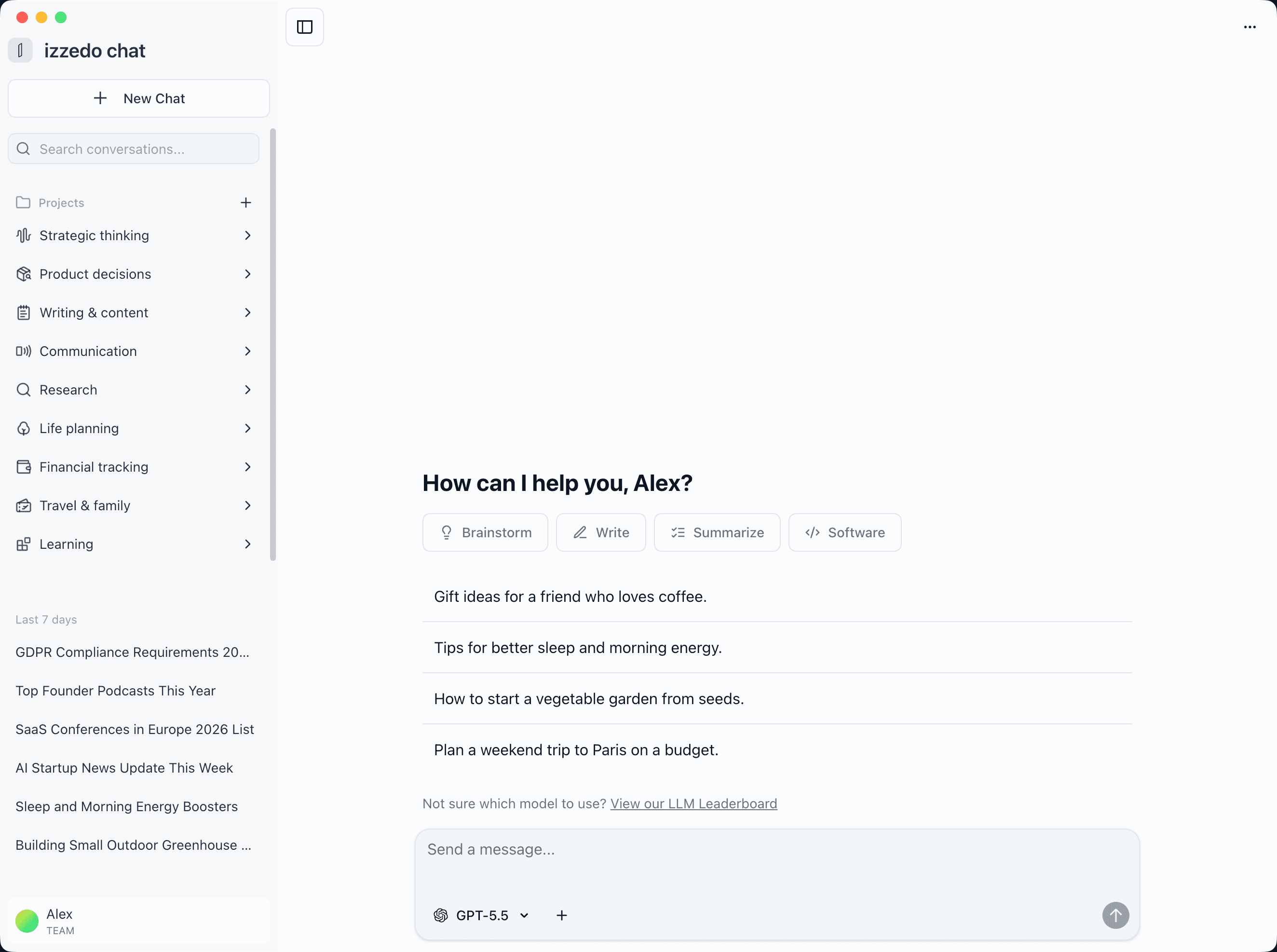 izzedo chat desktop app showing local projects in the sidebar