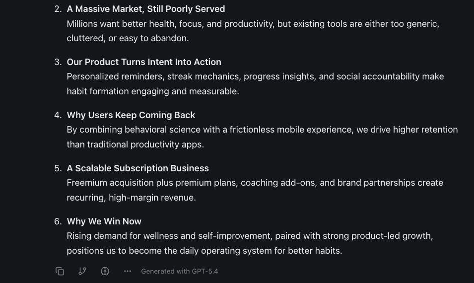 izzedo chat drafting a structured investor pitch deck outline from a single prompt