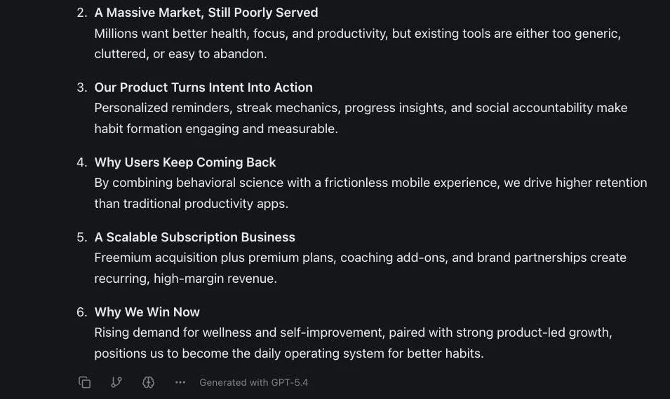 izzedo chat drafting a structured investor pitch deck outline from a single prompt