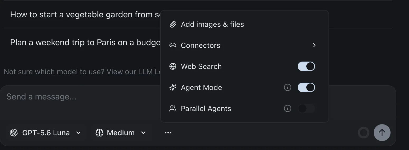 The izzedo composer menu open, showing Connectors, Web Search, Agent Mode switched on and Parallel Agents as a separate toggle