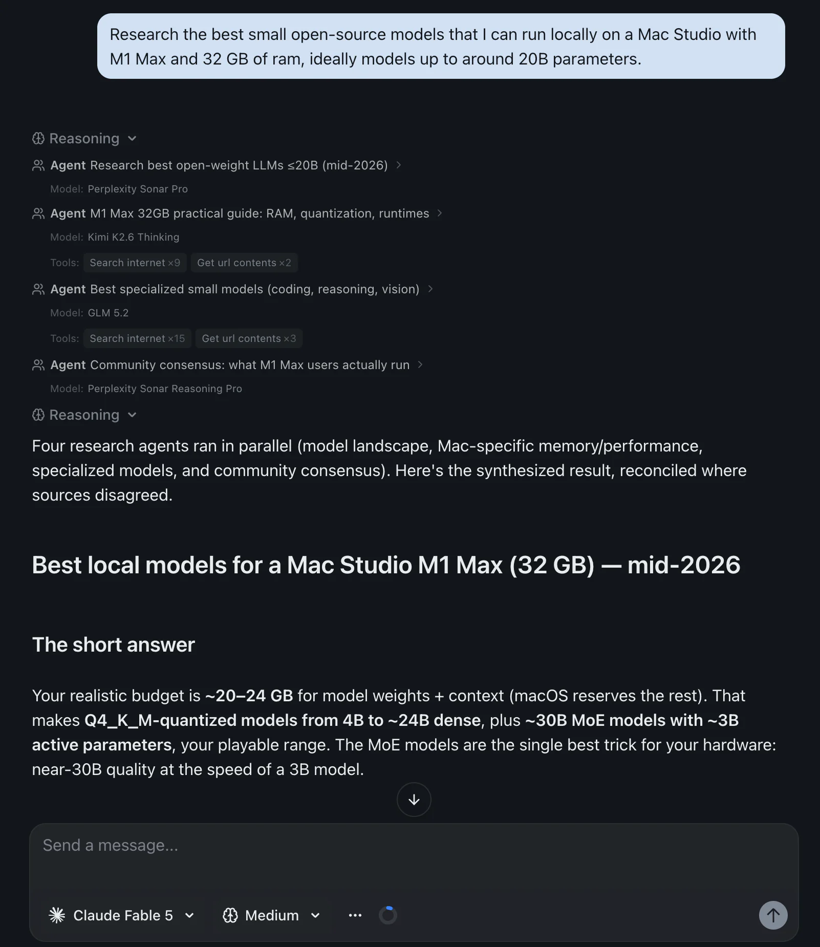 An izzedo chat thread with several agents running in parallel, each labelled with the model that ran it and the tools it called, listed with call counts underneath