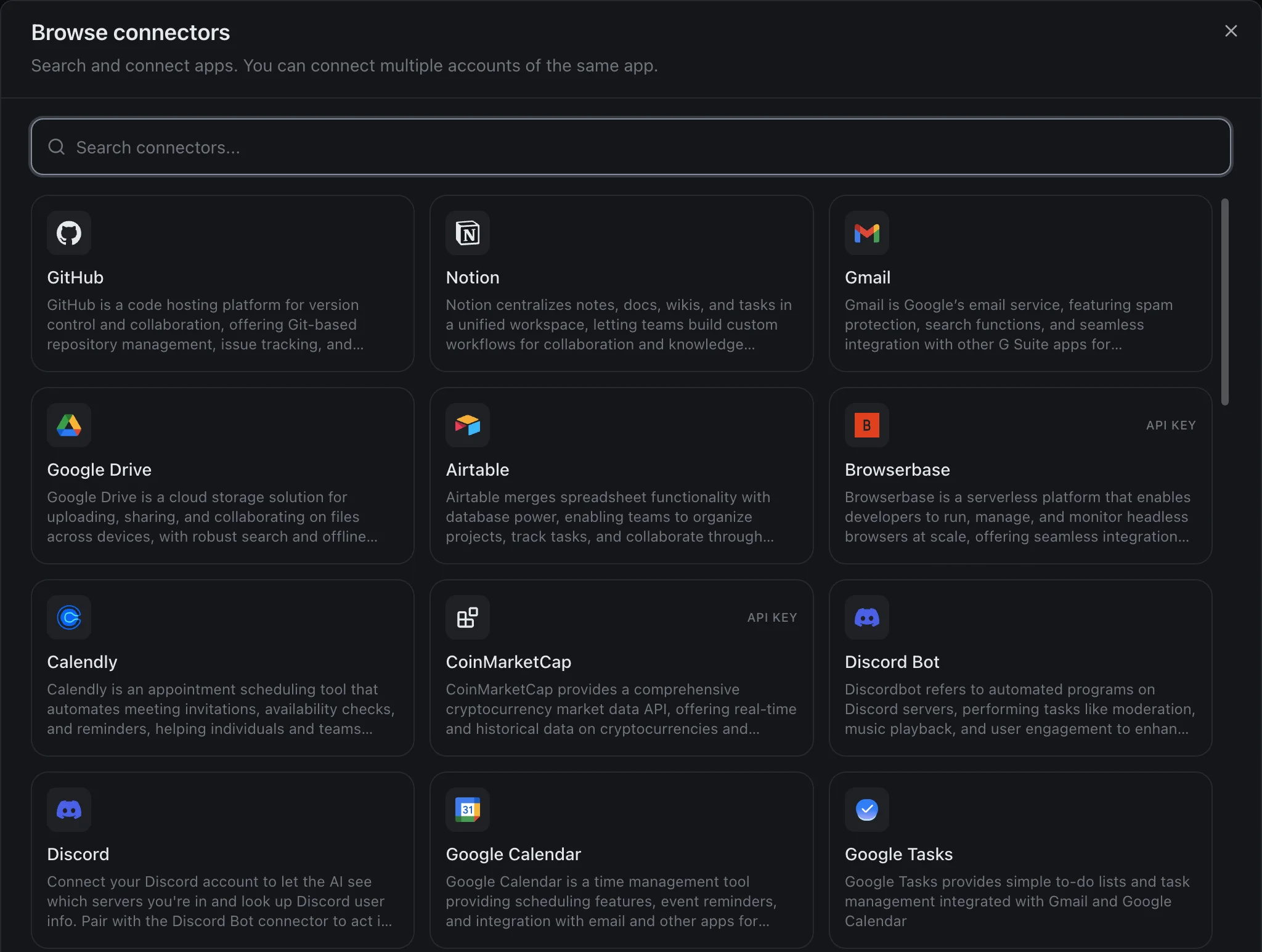 The izzedo connector browser showing GitHub, Notion, Gmail, Google Drive, Airtable, Browserbase, Calendly, CoinMarketCap, Discord, Google Calendar, Google Tasks and more as cards with their own logos