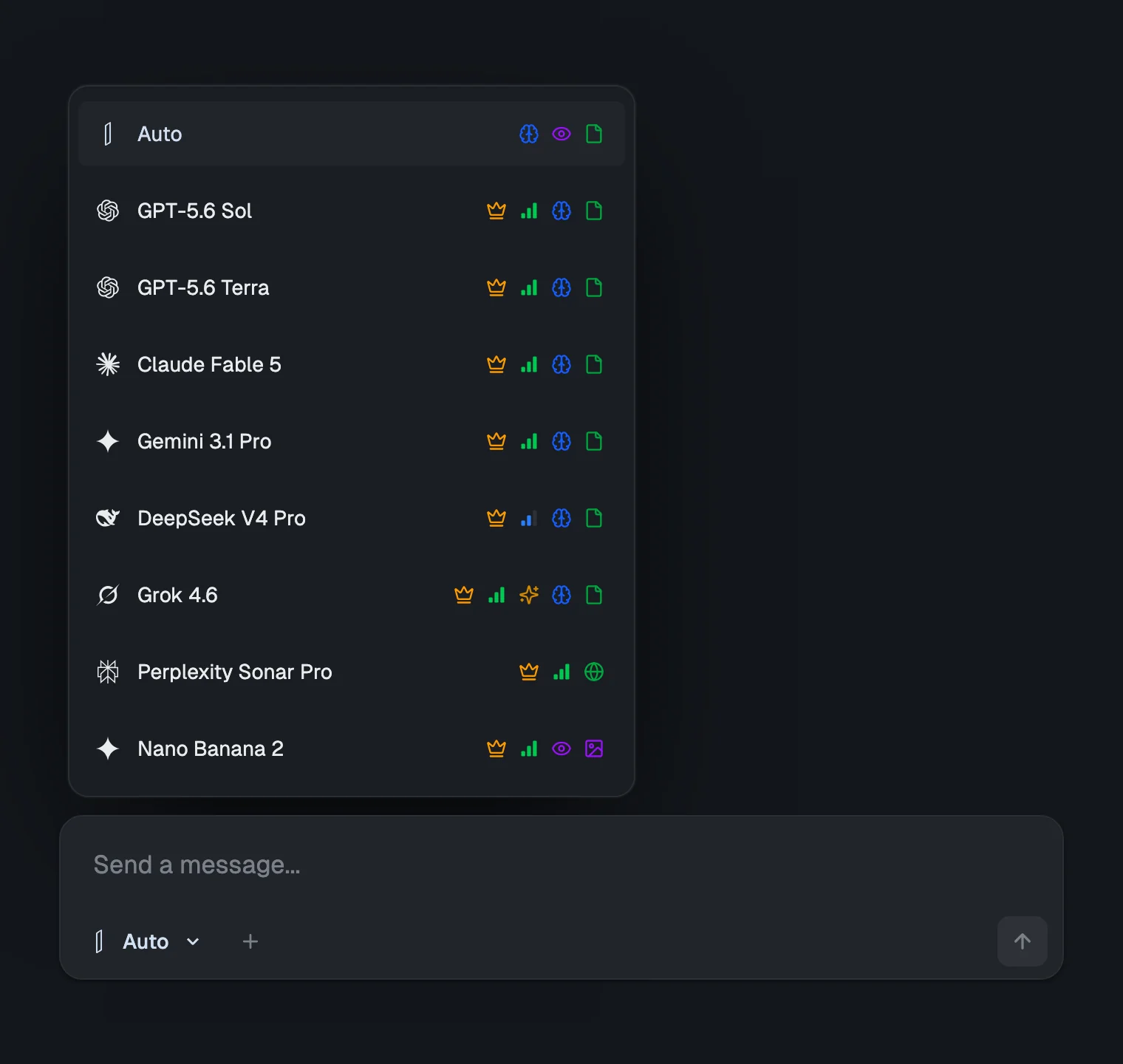 The izzedo chat model picker open above the message box, with an Auto row at the top and GPT-5.6 Sol, GPT-5.6 Terra, Claude Fable 5, Gemini 3.1 Pro, DeepSeek V4 Pro, Grok 4.6, Perplexity Sonar Pro and Nano Banana 2 listed below it