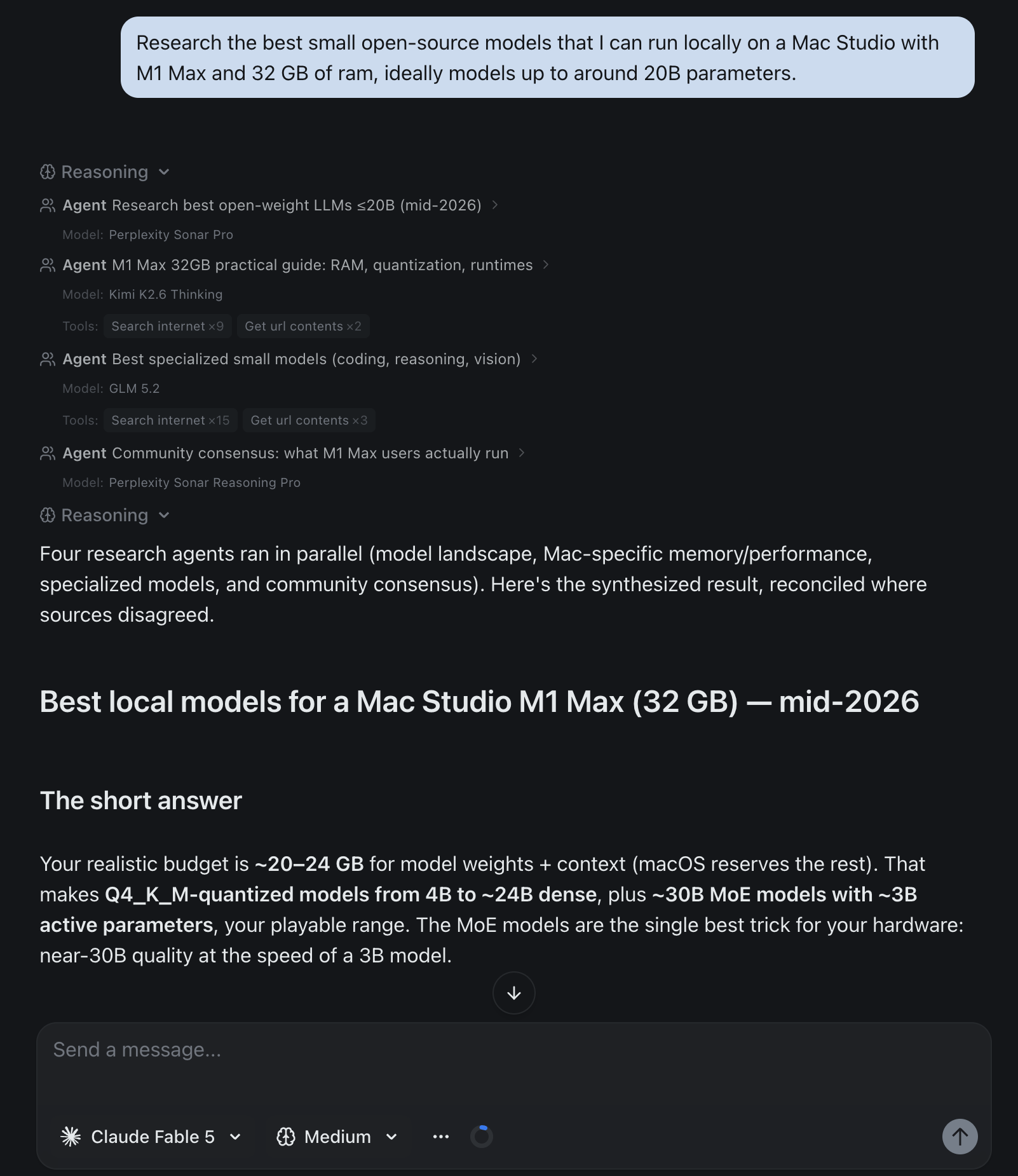 Parallel agents working a research task in izzedo chat — an orchestrator model has split the landscape sweep across several sub-agents on different models, each researching a different angle at the same time
