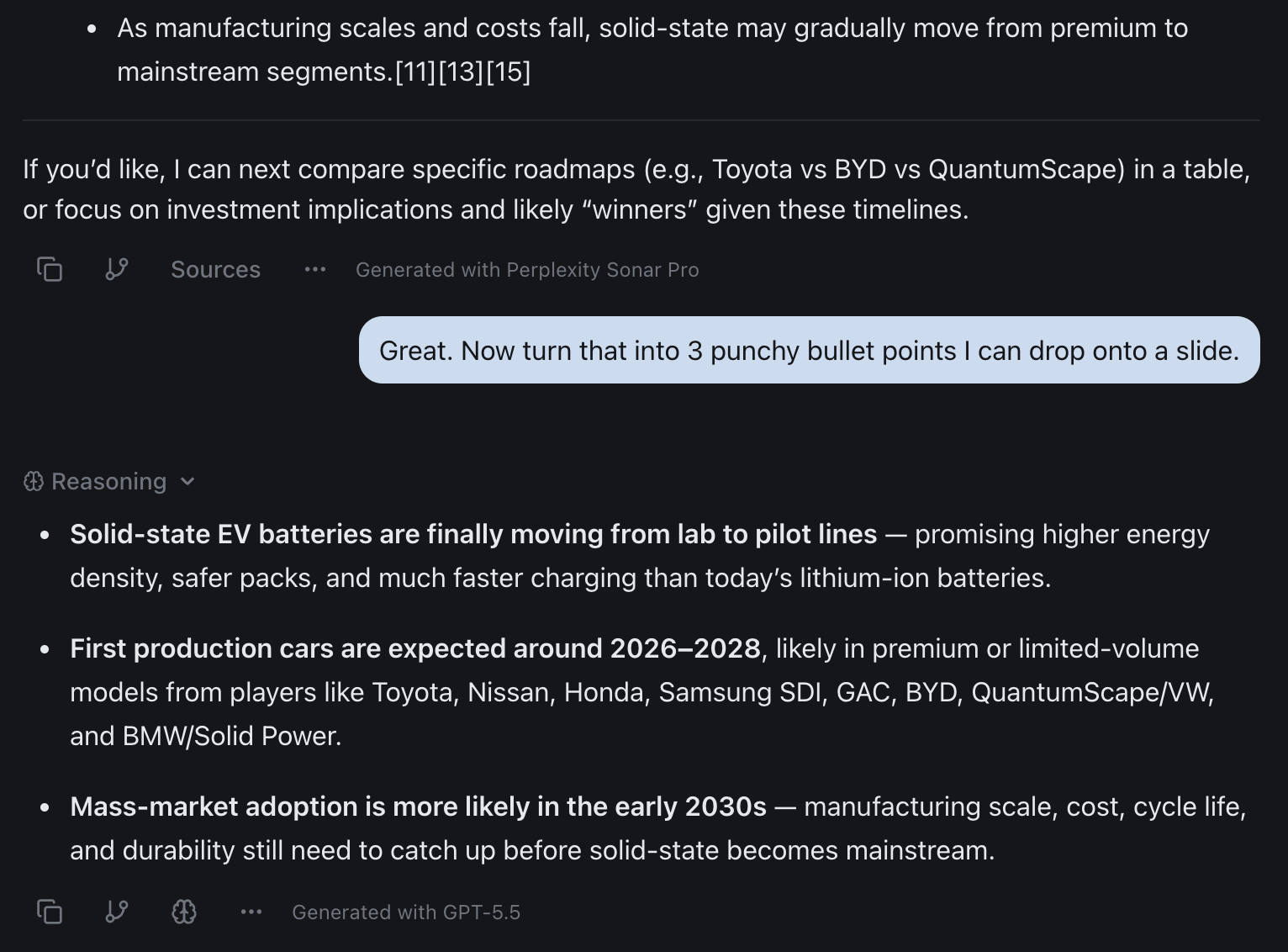 A research answer from Perplexity Sonar Pro with its sources attached, then the same thread switched to another model to turn the findings into slide-ready bullets — sourcing and synthesis in one conversation