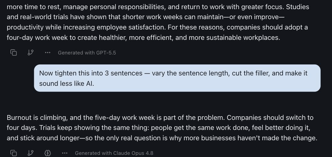Two AI models answering in one izzedo chat thread — one drafting an essay paragraph, another editing it — with full context carried between them