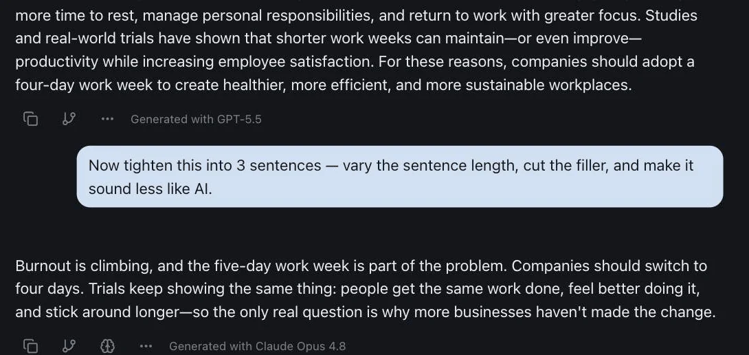 Two AI models answering in one izzedo chat thread — one drafting an essay paragraph, another editing it — with full context carried between them