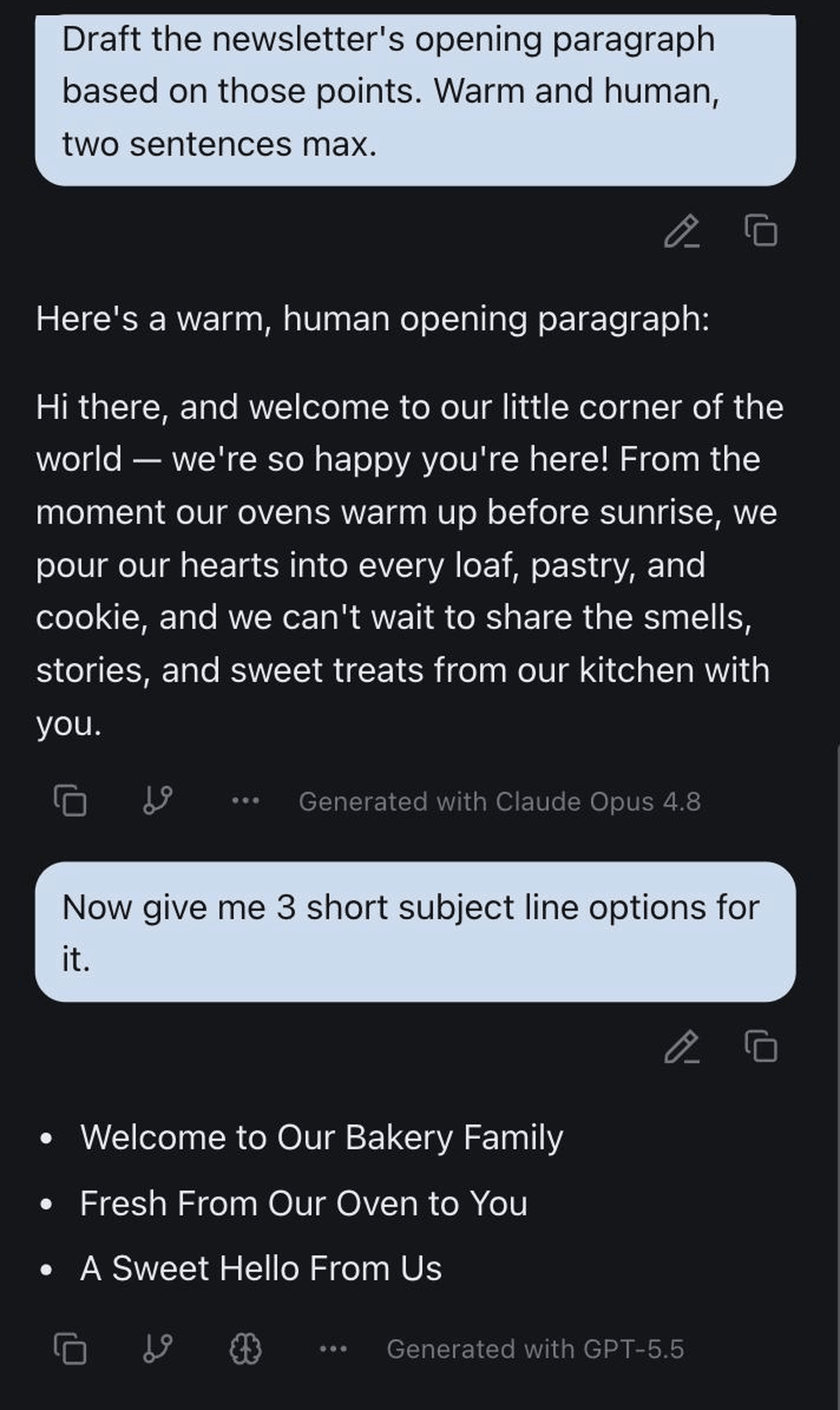 One izzedo chat thread where a newsletter opening is drafted by one model and the follow-up subject lines are handled by a second, each reply labelled with the model that produced it