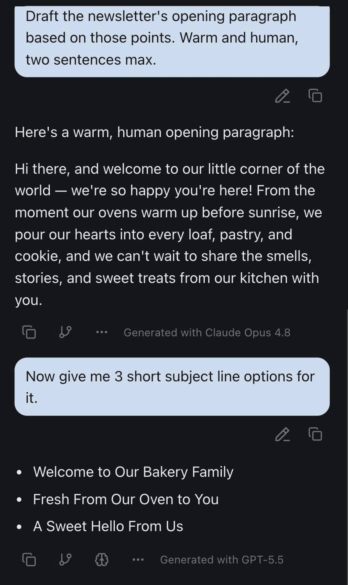 One izzedo chat thread where a newsletter opening is drafted by one model and the follow-up subject lines are handled by a second, each reply labelled with the model that produced it