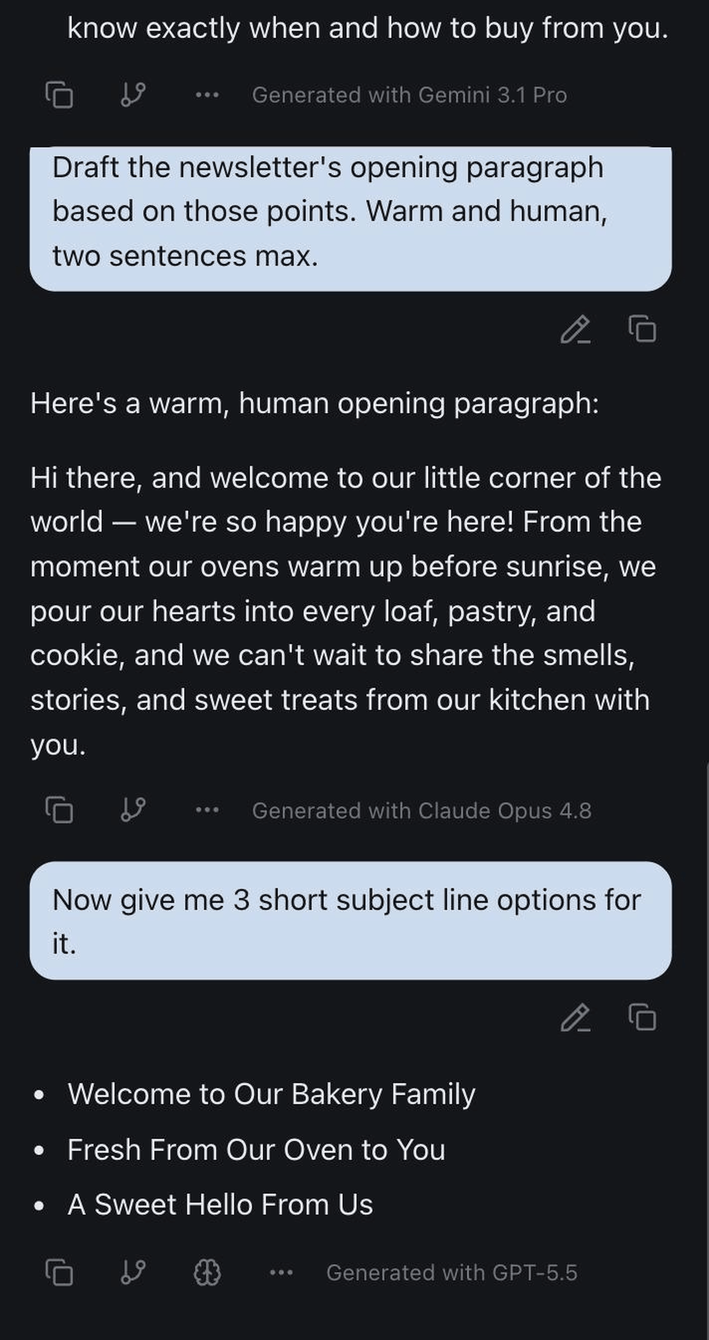 One izzedo chat thread where three different AI models answered in sequence, each reply labelled with the model that generated it