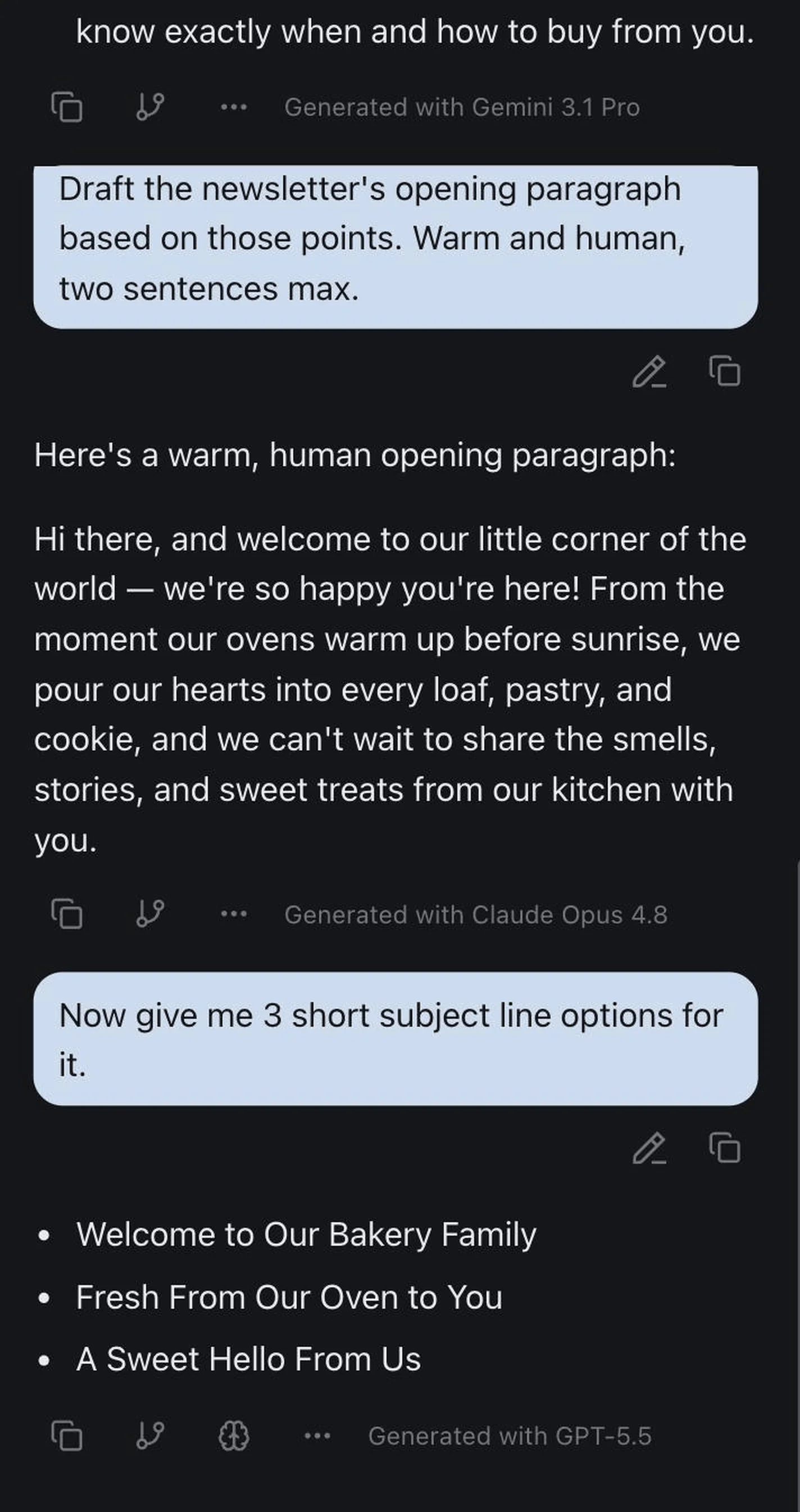 One izzedo chat thread where three different AI models answered in sequence, each reply labelled with the model that generated it