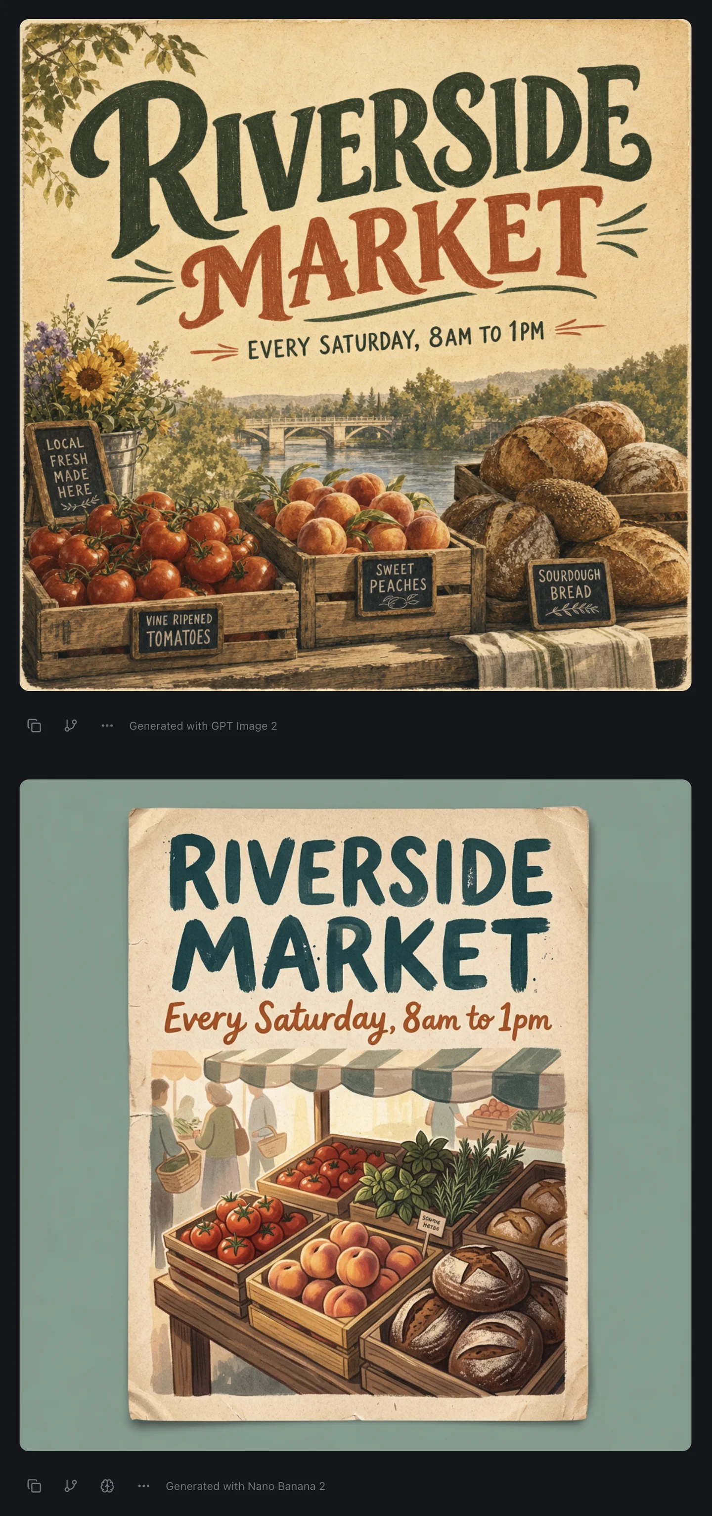 Two posters made from the same prompt in one izzedo chat thread. Top, labelled Generated with GPT Image 2: a square Riverside Market poster with a river, a bridge and chalkboard signs for tomatoes, peaches and sourdough. Bottom, labelled Generated with Nano Banana 2: a portrait poster on a sage background with shoppers under a striped awning and crates of tomatoes, peaches and bread.