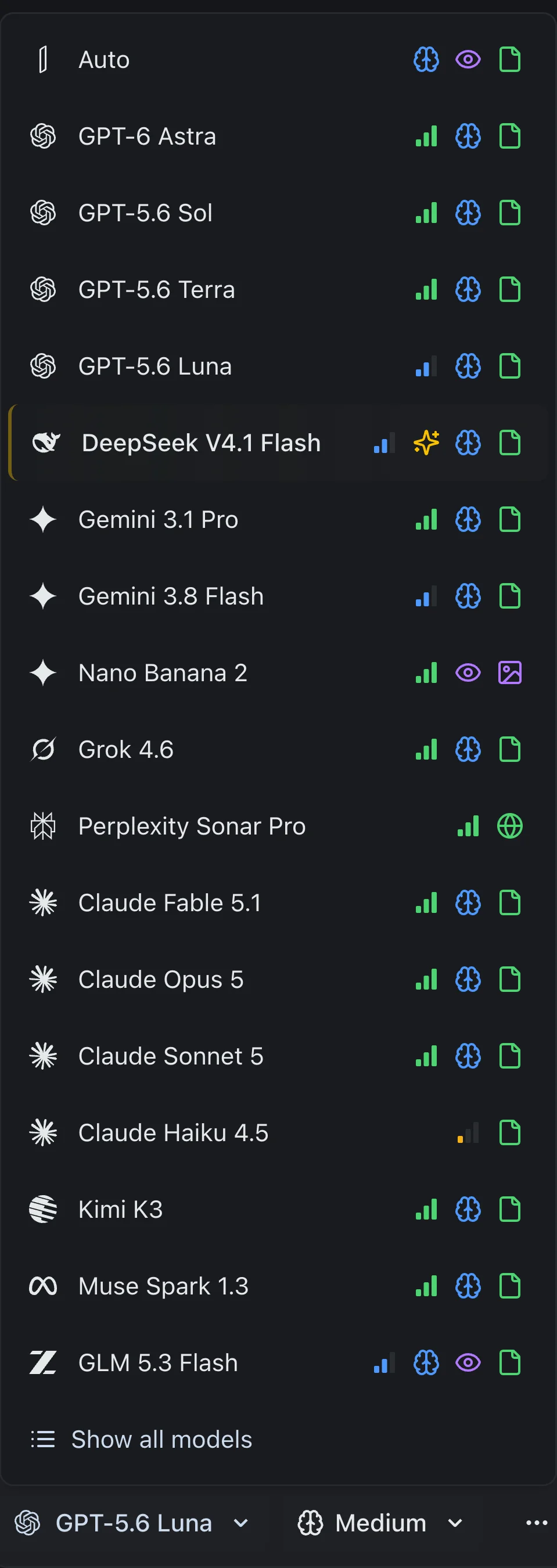 The izzedo model picker open above the message box, listing OpenAI's GPT models in the same menu as Claude, Gemini, Grok and DeepSeek models