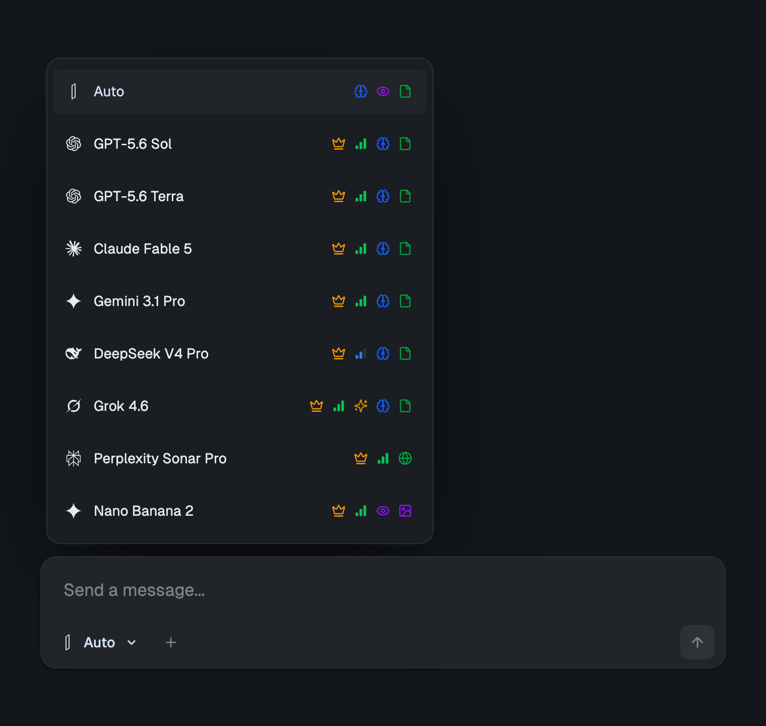 The izzedo chat model picker open above the message box, with an Auto row at the top and GPT-5.6 Sol, GPT-5.6 Terra, Claude Fable 5, Gemini 3.1 Pro, DeepSeek V4 Pro, Grok 4.6, Perplexity Sonar Pro and Nano Banana 2 listed below it