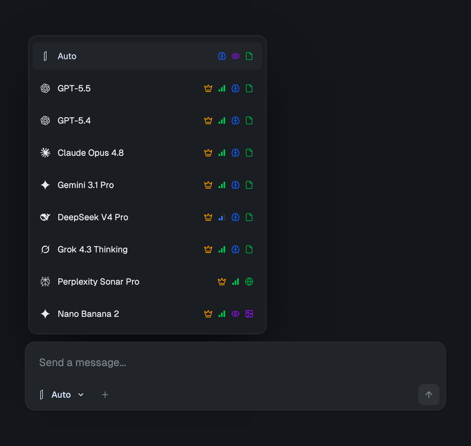 The izzedo chat model picker showing Claude, ChatGPT, Gemini, DeepSeek, Grok, Perplexity and more available to switch between in one place