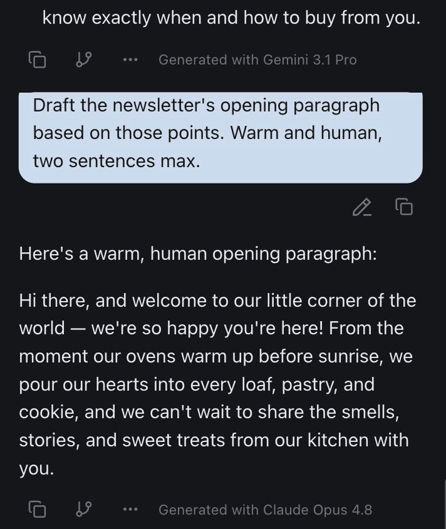 A single izzedo chat thread where Gemini handles the research and Claude drafts the writing after a mid-conversation model switch, with each model's name shown under its reply