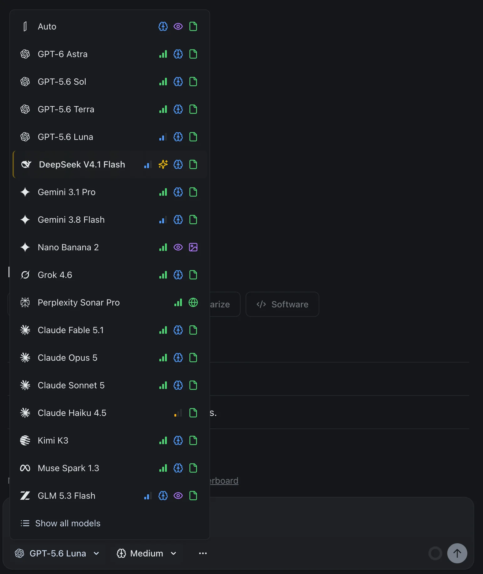 The izzedo chat model picker open as one dropdown, with Gemini 3.1 Pro and Gemini 3.8 Flash, Grok 4.6, and Claude Fable 5.1, Opus 5, Sonnet 5 and Haiku 4.5 all listed in the same scroll alongside the GPT, DeepSeek, Nano Banana and Perplexity Sonar Pro entries