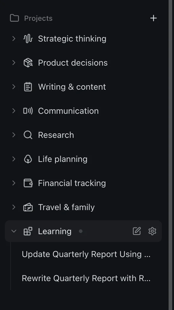 The izzedo chat sidebar with the Projects list open, showing nine project folders each with its own edit and settings buttons, and one project expanded to reveal the conversations saved inside it