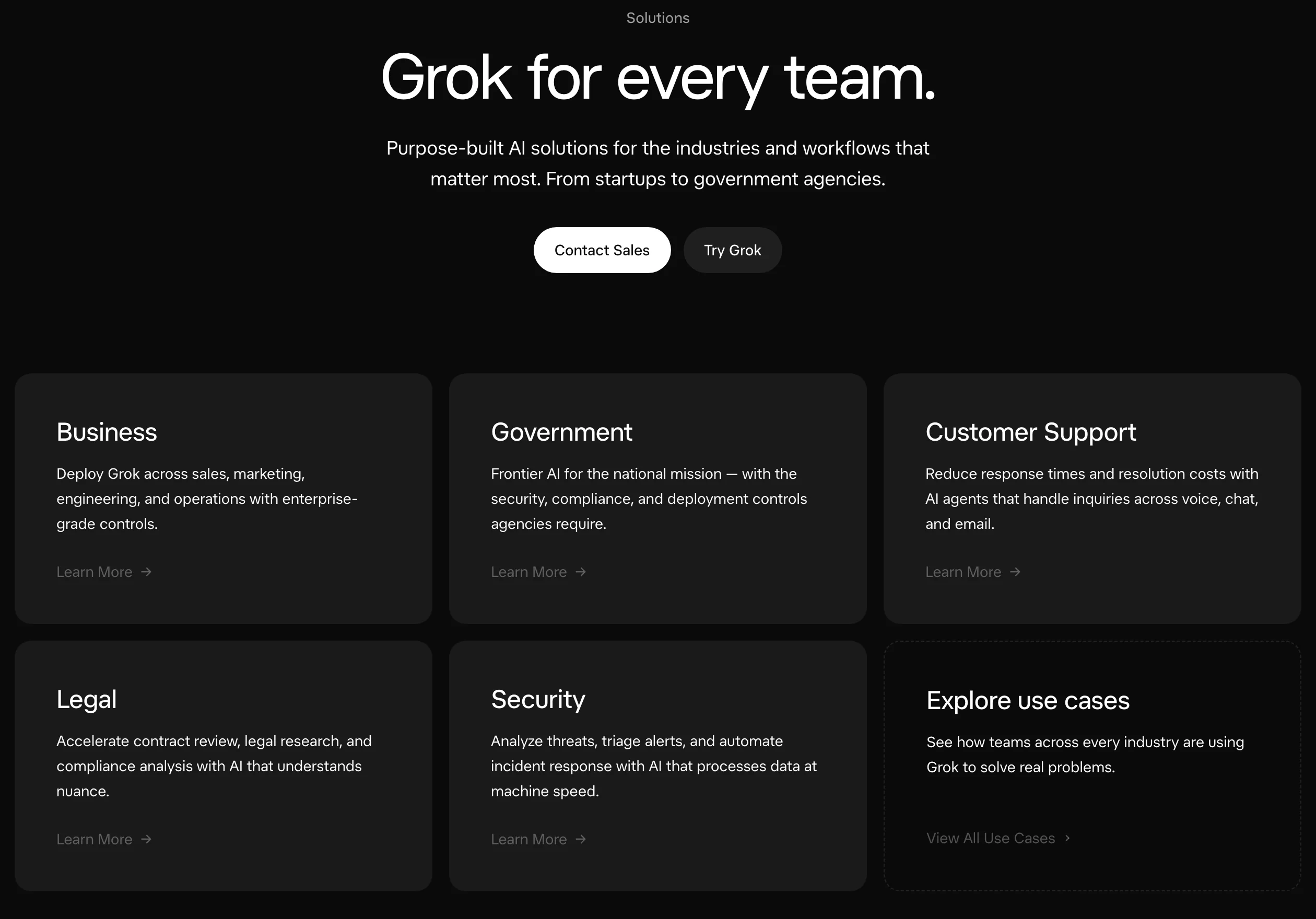 xAI's Solutions page under the heading Grok for every team, showing six cards: Business, Government, Customer Support, Legal, Security, and an Explore use cases link. There is no education or student card
