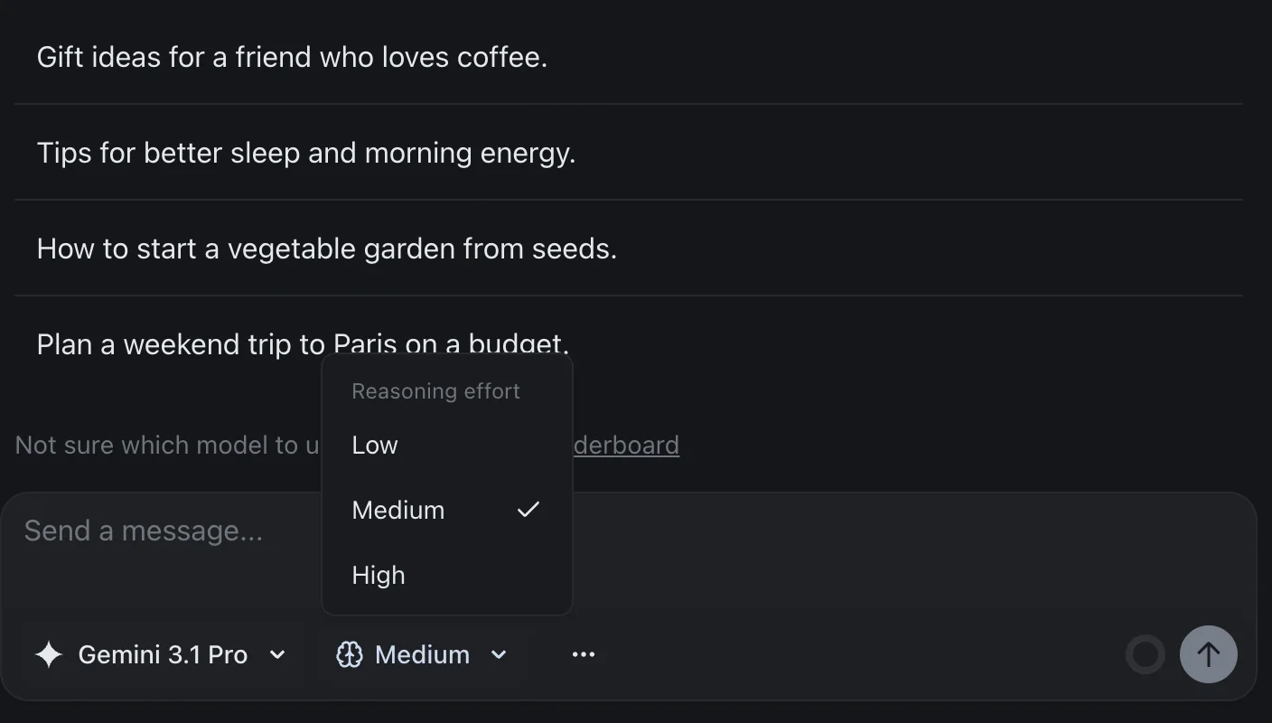 The izzedo chat message box with Gemini 3.1 Pro selected in the model picker and the Reasoning effort menu open above it, offering Low, Medium and High with Medium ticked