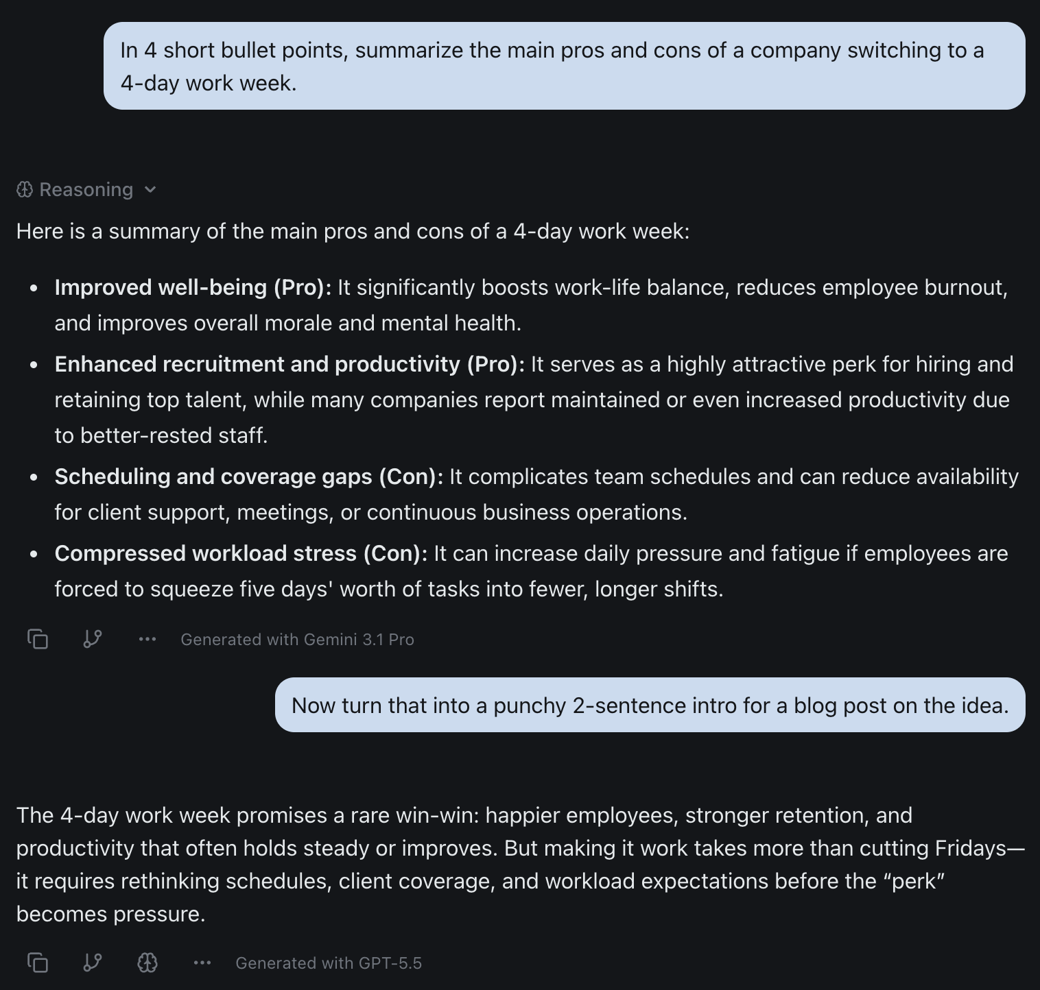 A single izzedo chat thread where Gemini handles a task and ChatGPT takes the follow-up after a mid-conversation model switch, with each model's name shown under its reply