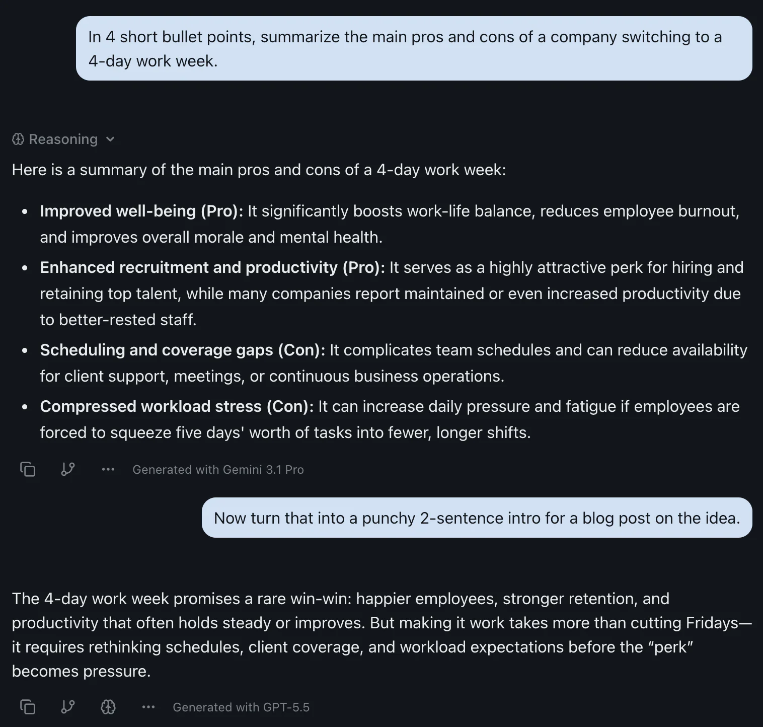 A single izzedo chat thread where Gemini handles a task and ChatGPT takes the follow-up after a mid-conversation model switch, with each model's name shown under its reply