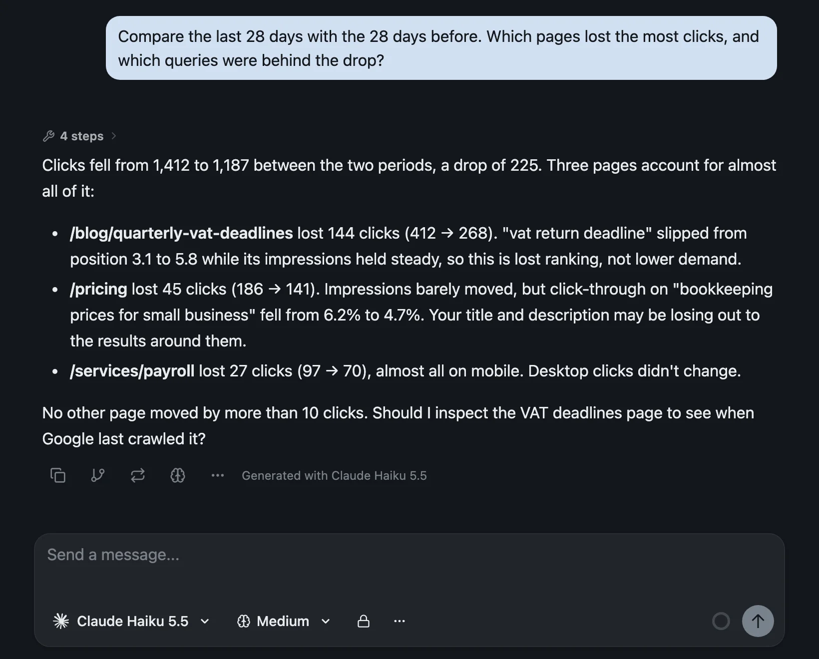 The same izzedo chat after approval. The tool calls fold into a row reading 4 steps, and Claude Haiku 5.5 answers for an example bookkeeping site: clicks fell from 1,412 to 1,187, a drop of 225, and three pages account for almost all of it. A VAT deadlines blog post lost 144 clicks because its main query slipped from position 3.1 to 5.8, the pricing page lost 45 because its click-through rate fell, and a payroll page lost 27, almost all on mobile. The answer ends by offering to inspect the VAT page