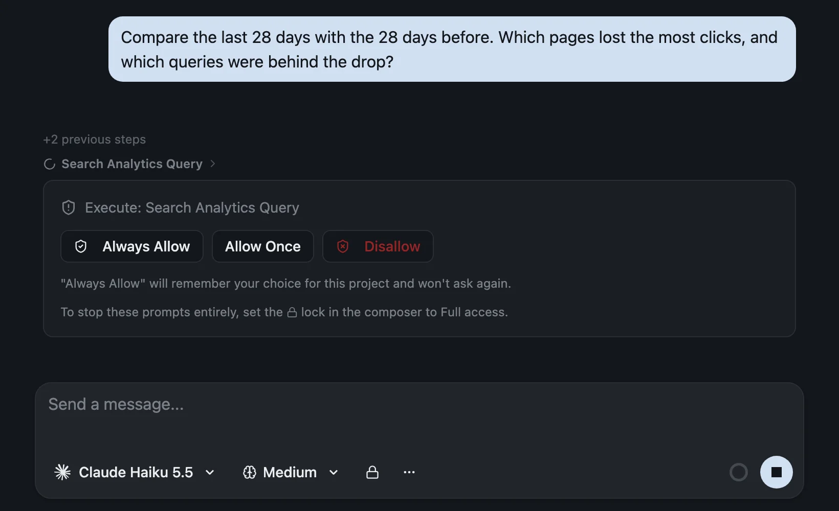 An izzedo chat. The question asks to compare the last 28 days with the 28 days before and find the pages that lost the most clicks and the queries behind the drop. Under it, after two earlier steps, the model is waiting to run Search Analytics Query, and a confirmation box offers Always Allow, Allow Once and Disallow. The model in the message box is Claude Haiku 5.5