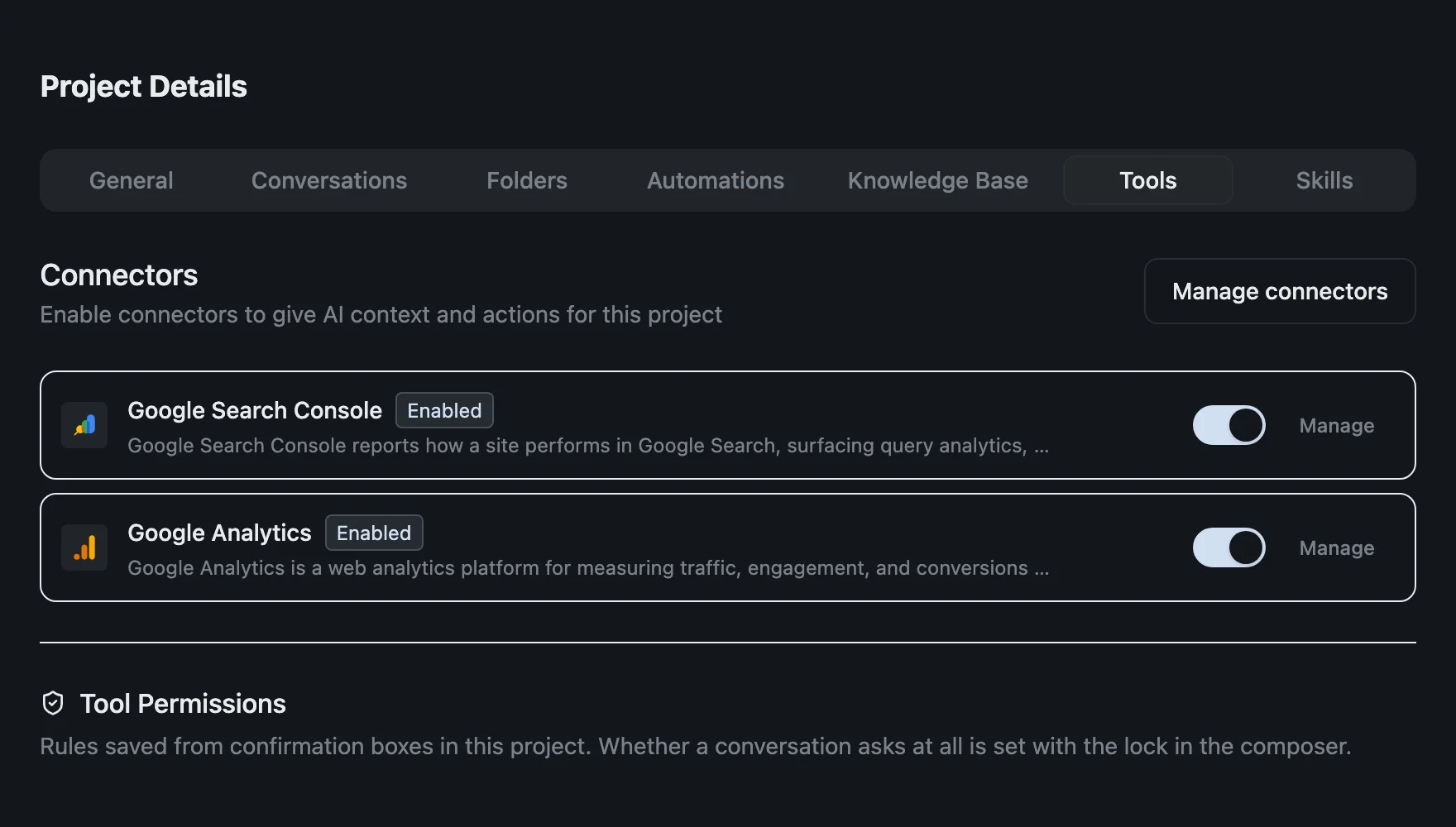 The Tools tab of an izzedo project, with Google Search Console and Google Analytics both switched on and marked Enabled, and a Tool Permissions section underneath for rules saved from confirmation boxes
