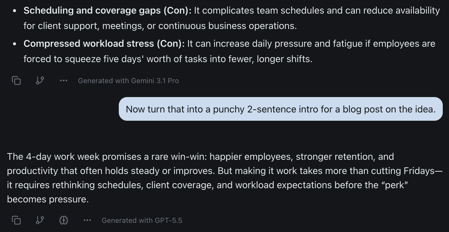 A single izzedo chat thread where one model answers and a different model handles the follow-up after a mid-conversation switch, each reply labeled with the model that generated it