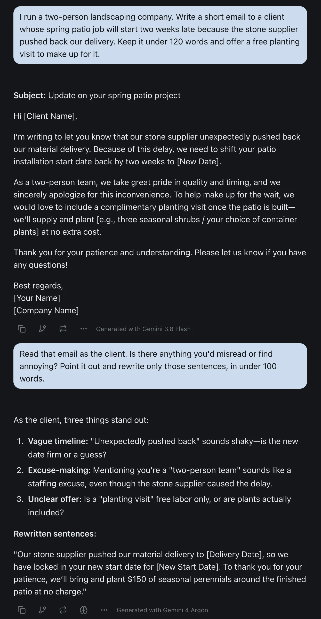 An izzedo chat thread where Gemini 3.8 Flash drafts a client email for a small landscaping company and Gemini 4 Argon reviews it in the same conversation, with each model's name under its reply
