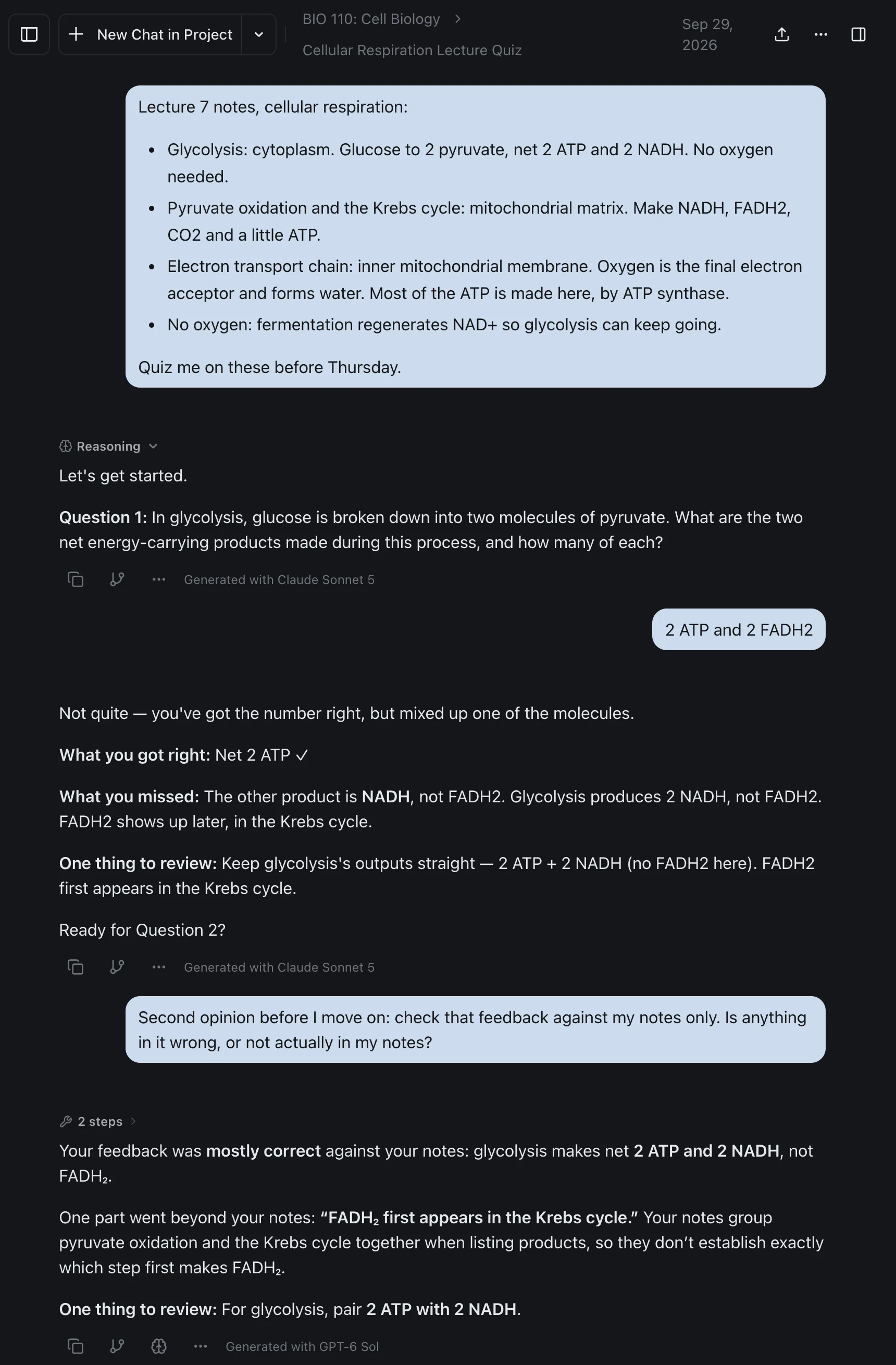One izzedo chat thread in a BIO 110 project: Claude asks a short-answer question on cellular respiration, marks the student's wrong answer, then GPT, switched in mid-thread, checks that feedback against the notes and flags a claim the notes don't support