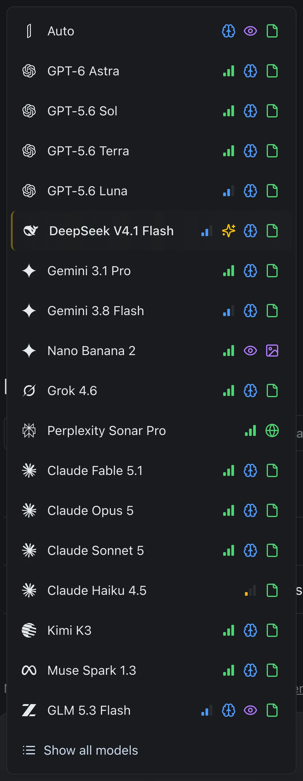 The izzedo model picker open above the message box, listing Auto, four GPT models, DeepSeek, two Gemini models, Nano Banana, Grok, Perplexity Sonar Pro, then Claude Fable 5.1, Claude Opus 5, Claude Sonnet 5 and Claude Haiku 4.5 in sequence, followed by Kimi, Muse Spark and GLM