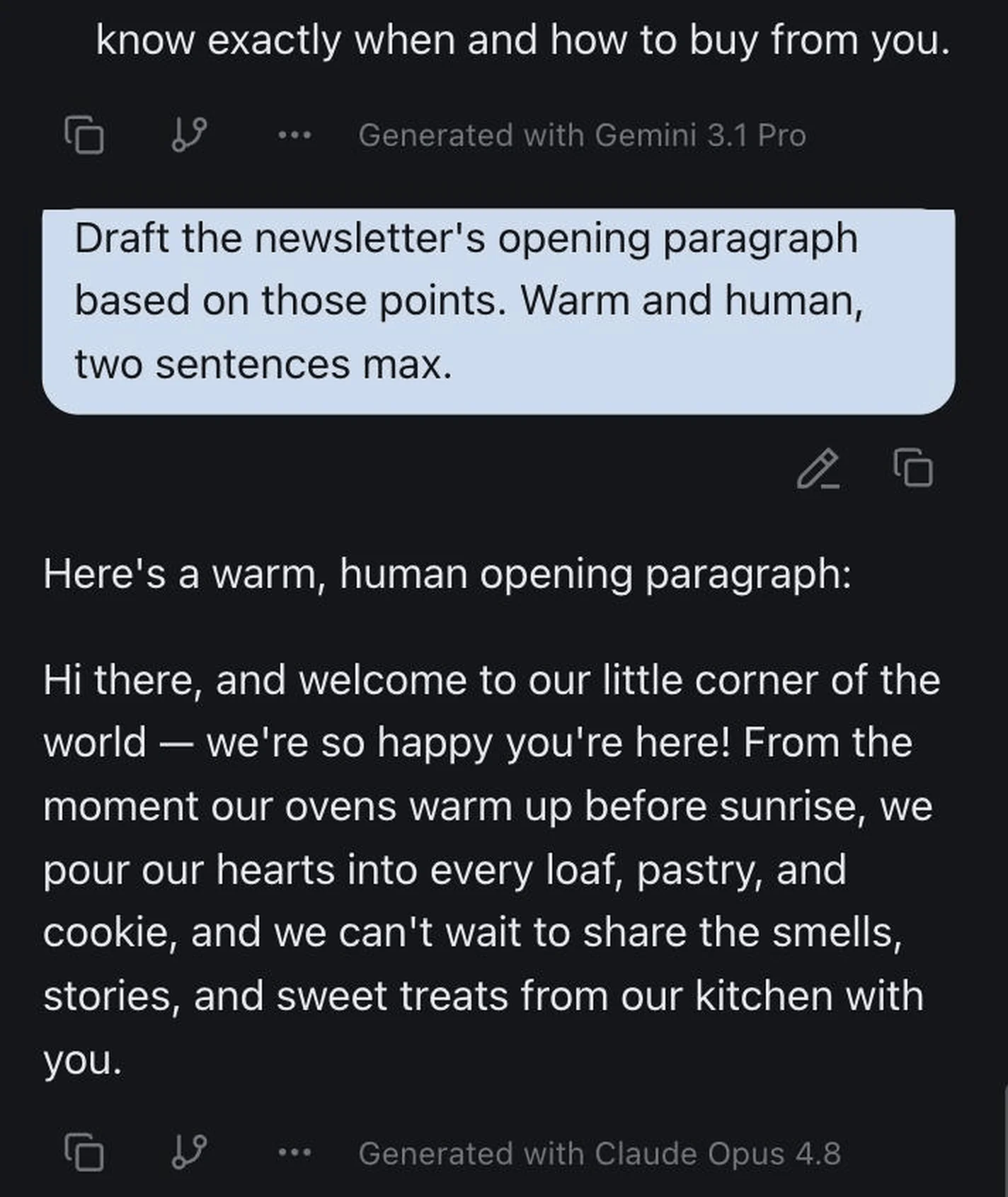 One izzedo chat conversation in which a different model answers the follow-up after a mid-thread switch, each reply labelled with the model that produced it