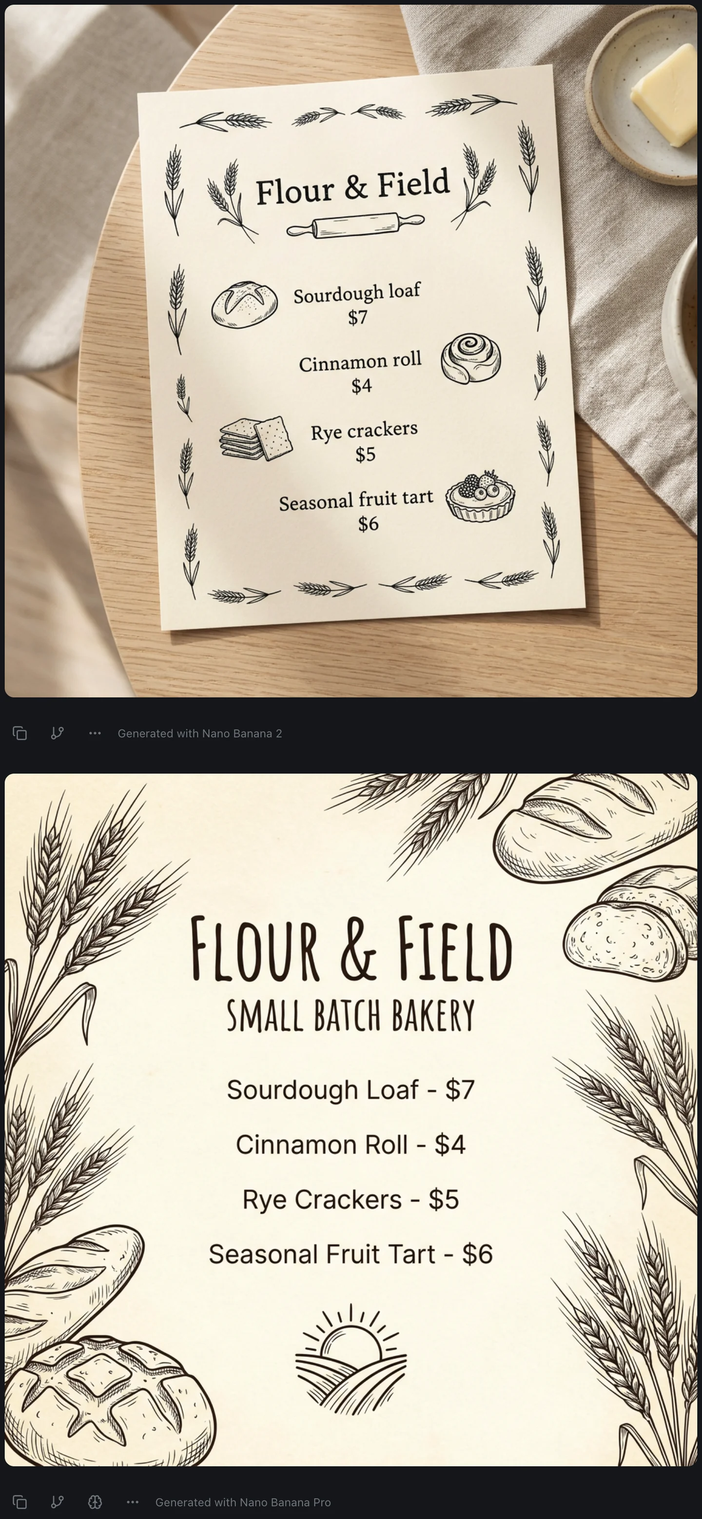 Two menu cards made from the same prompt in one izzedo chat thread. Top, labelled Generated with Nano Banana 2: a photo of a cream Flour & Field menu card on a wooden table beside a dish of butter, listing sourdough loaf $7, cinnamon roll $4, rye crackers $5 and seasonal fruit tart $6 next to small ink drawings. Bottom, labelled Generated with Nano Banana Pro: a flat square menu with the same four items and prices, a Small Batch Bakery subtitle, a sun logo and wheat and bread drawings around the edges.