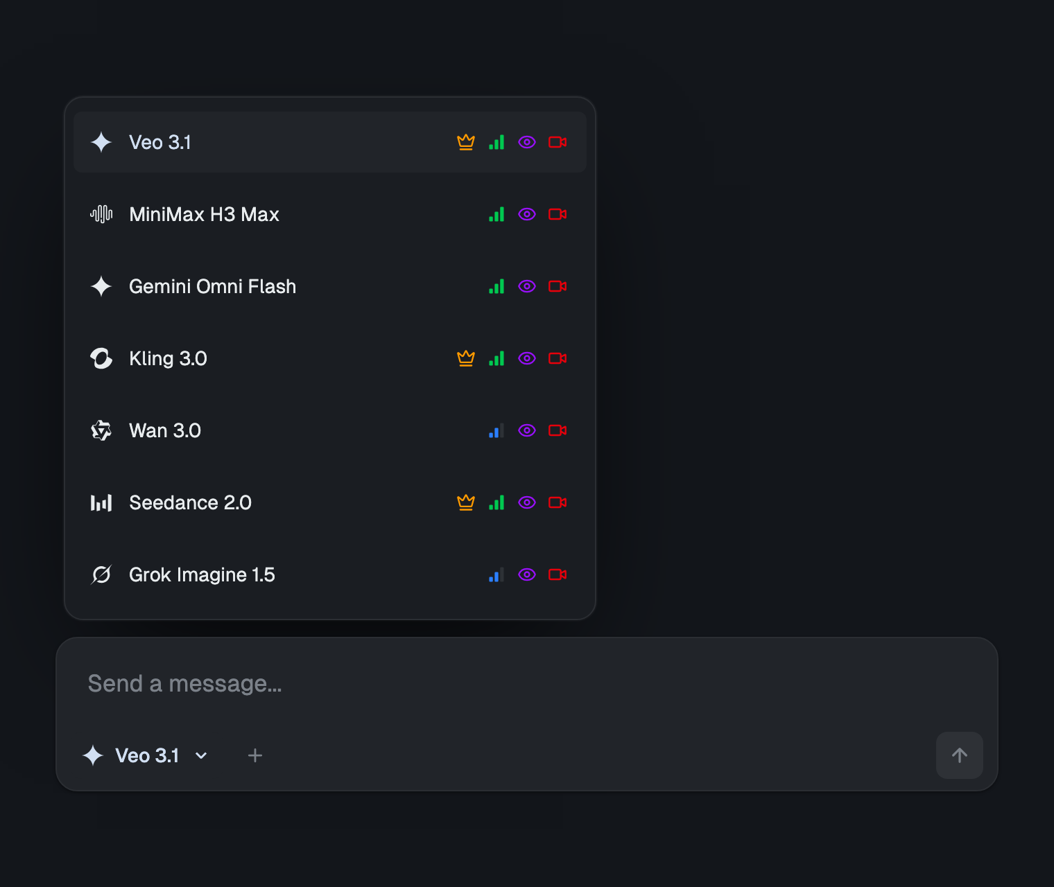 The izzedo chat model picker open above the message box, listing seven video generation models (Veo 3.1, MiniMax H3 Max, Gemini Omni Flash, Kling 3.0, Wan 3.0, Seedance 2.0 and Grok Imagine 1.5), each with its provider logo and capability tags
