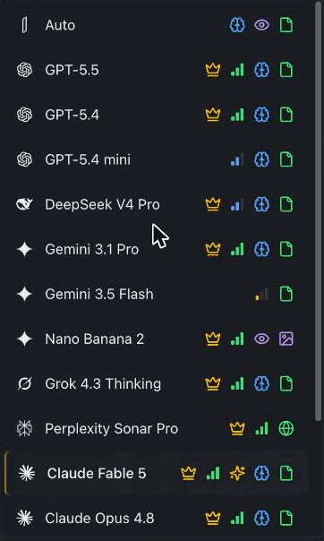 The izzedo chat model picker showing GPT, Claude, Gemini, Grok, Perplexity, and DeepSeek available in one place