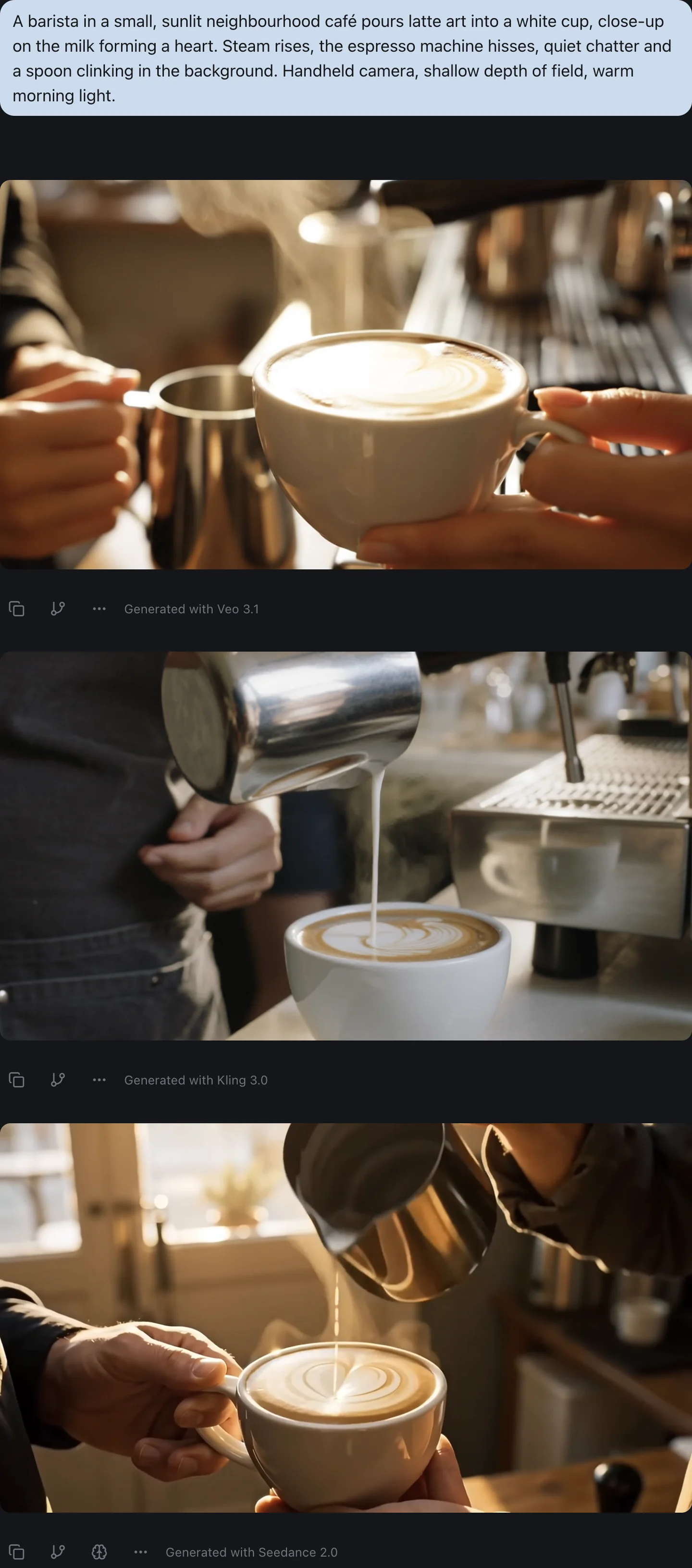 One izzedo chat thread with a single prompt at the top asking for a barista pouring latte art in a sunlit café, followed by three generated video clips. Top, labelled Generated with Veo 3.1: a close, warm shot of a latte with a soft, undefined swirl and a steel pitcher being set down. Middle, labelled Generated with Kling 3.0: a steady thin stream of milk from a steel pitcher drawing a layered leaf pattern in a white cup, under cool daylight. Bottom, labelled Generated with Seedance 2.0: a cup held in front of a sunlit window, steam rising, with a clear heart drawn in the milk.